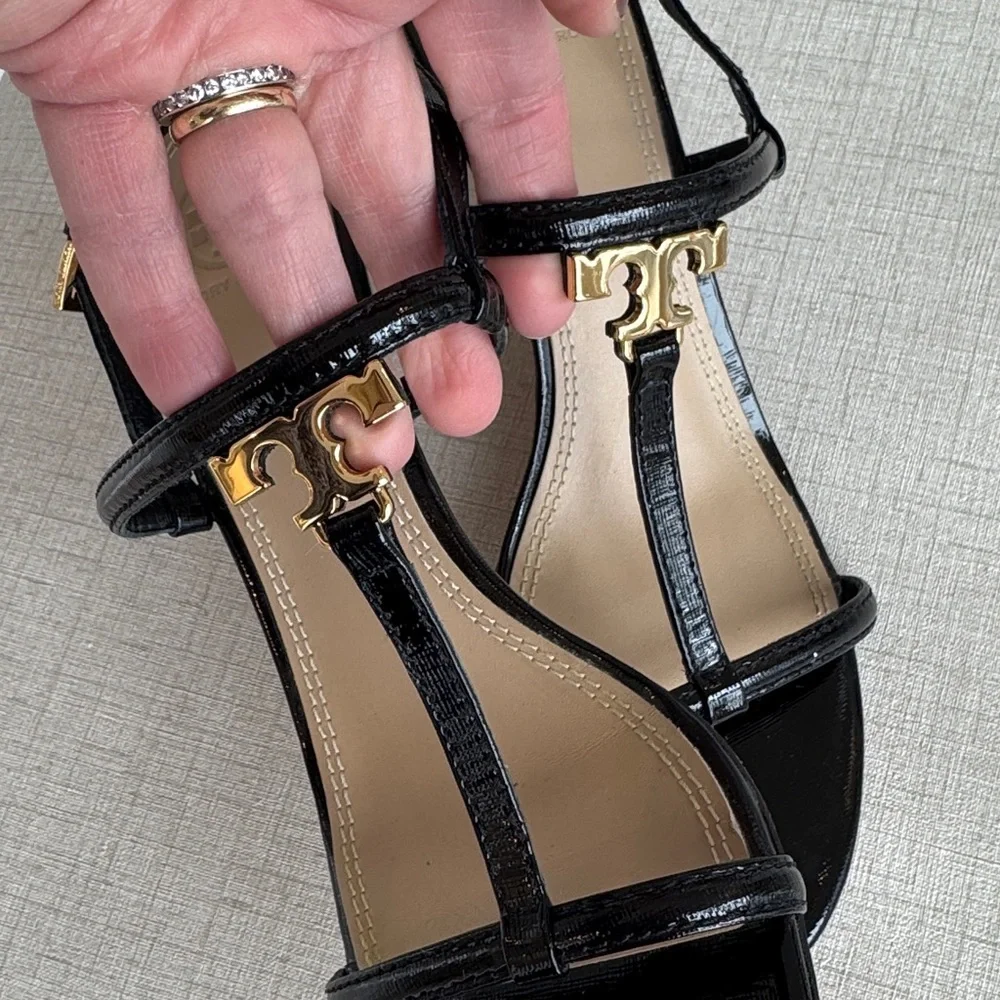 Tory Burch Black Patent Leather T-Strap Sandals with Gold Logo - Picture 7 of 12